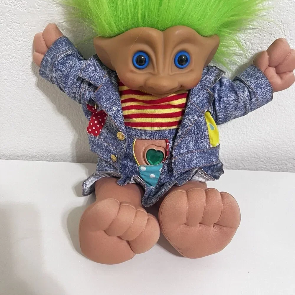 Vintage Ace Novelty Treasure Troll Tot Green Heart Wishstone Large Doll 14
